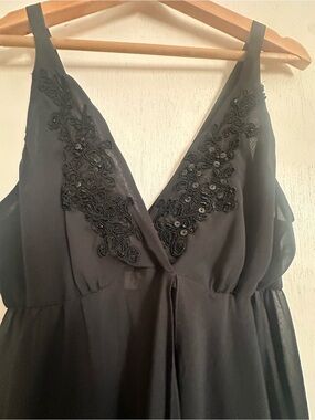 Linea Donatella Black V-Neck Slip Chemise with Embroidered Appliqué